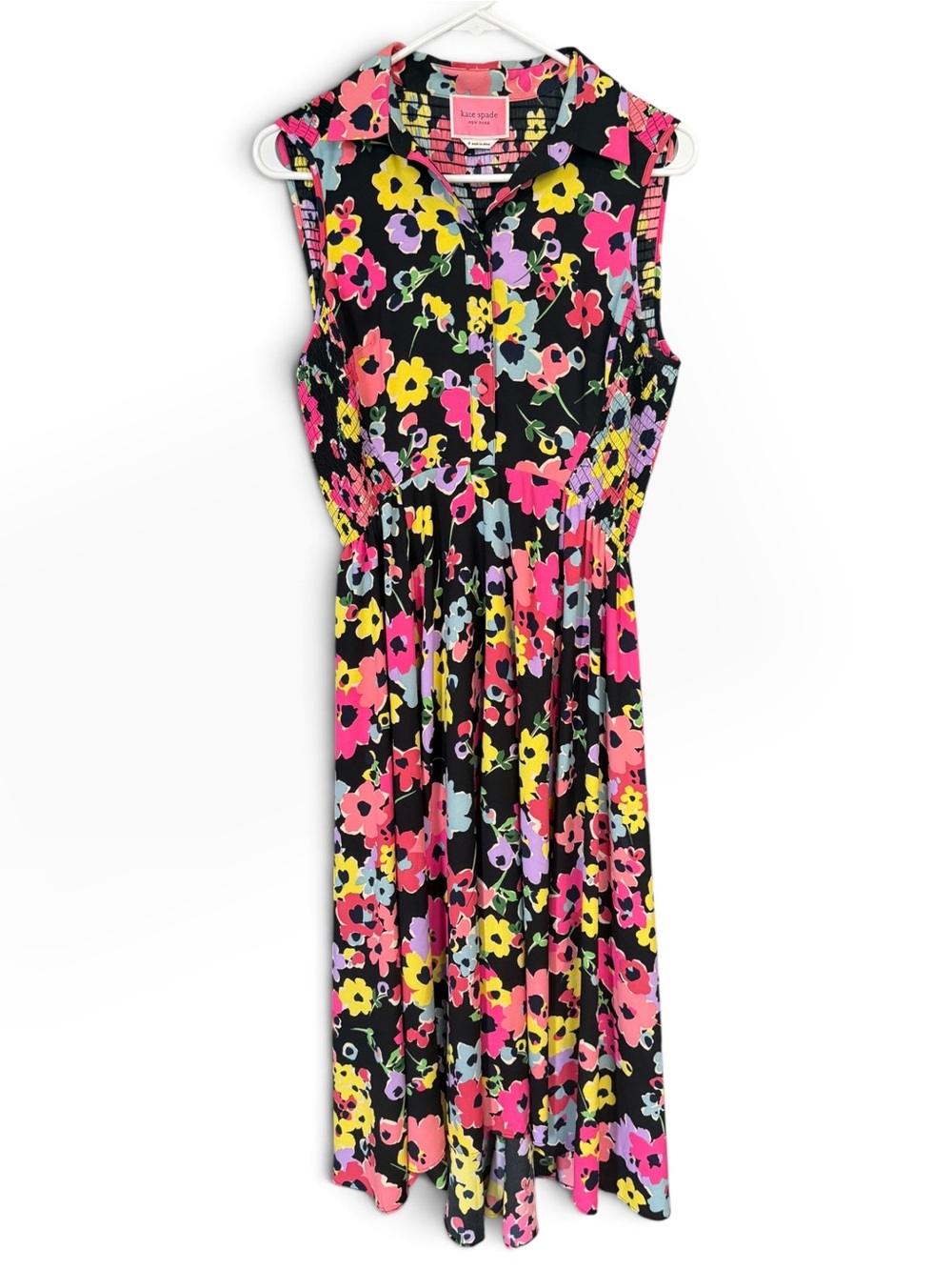 Kate Spade Wildflower Bouquet Midi Shirt Dress Black Pink Sleeveless Womens 4 - Picture 4 of 8